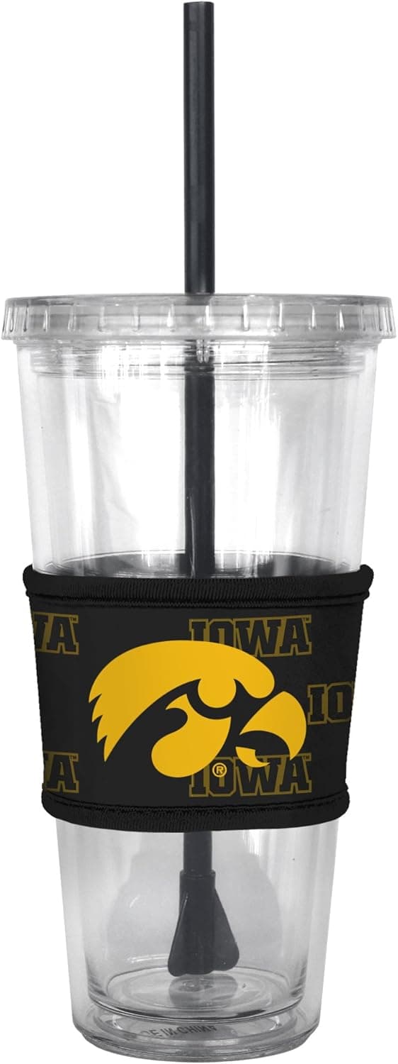 NCAA Iowa Hawkeyes Tumbler with Neoprene Sleeve and Straw, 22-Ounce