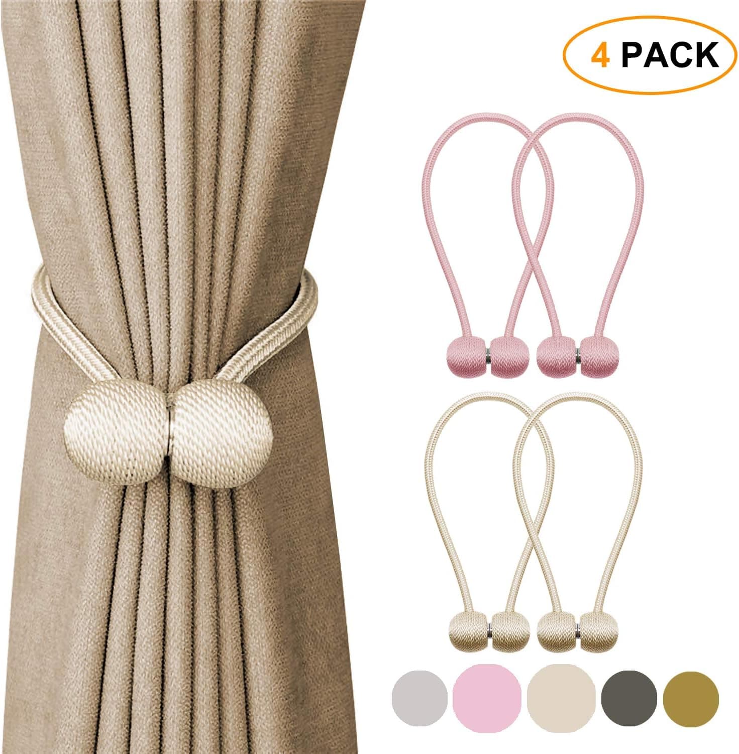 Tagefa Strong Magnetic Curtain tie Backs Clips, Decorative Window tie Backs Holders Holdback Rope, for Home Office Decorative Living Room Design Drapery Buckle, 16 Inch Beige Gray Pink Gold 4 Pack