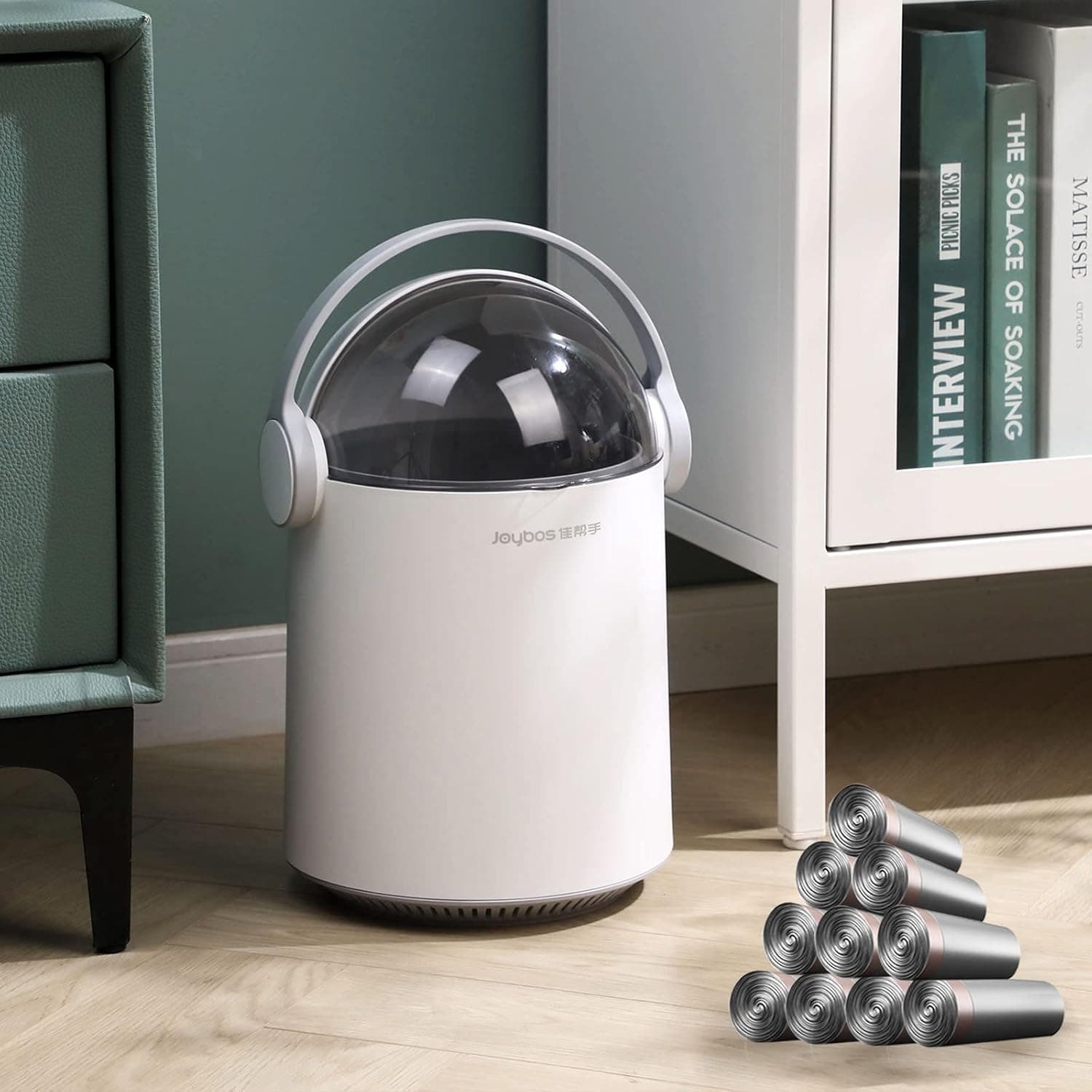 JUDRDO Small Trash Can with Lid for Bathroom, Unique Garbage Can with Handle, Office Wastebasket w/Cute Headphone Shape, Dog Proof Trash Can Have Visible Transparent Cover, 10 Rolls Garbage Bags