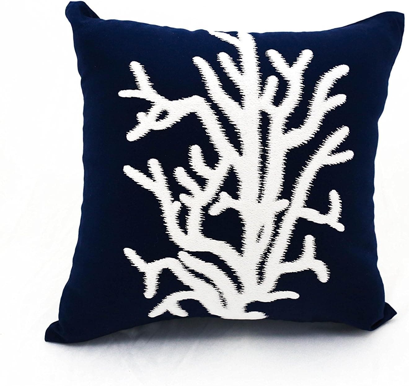 KainKain White Navy Throw Pillow Cover, Coral Tree Ocean Decor, Nautical Embroidered Cotton Linen Cushion, Beach House Sofa Pillow (16 inch x 16 inch)