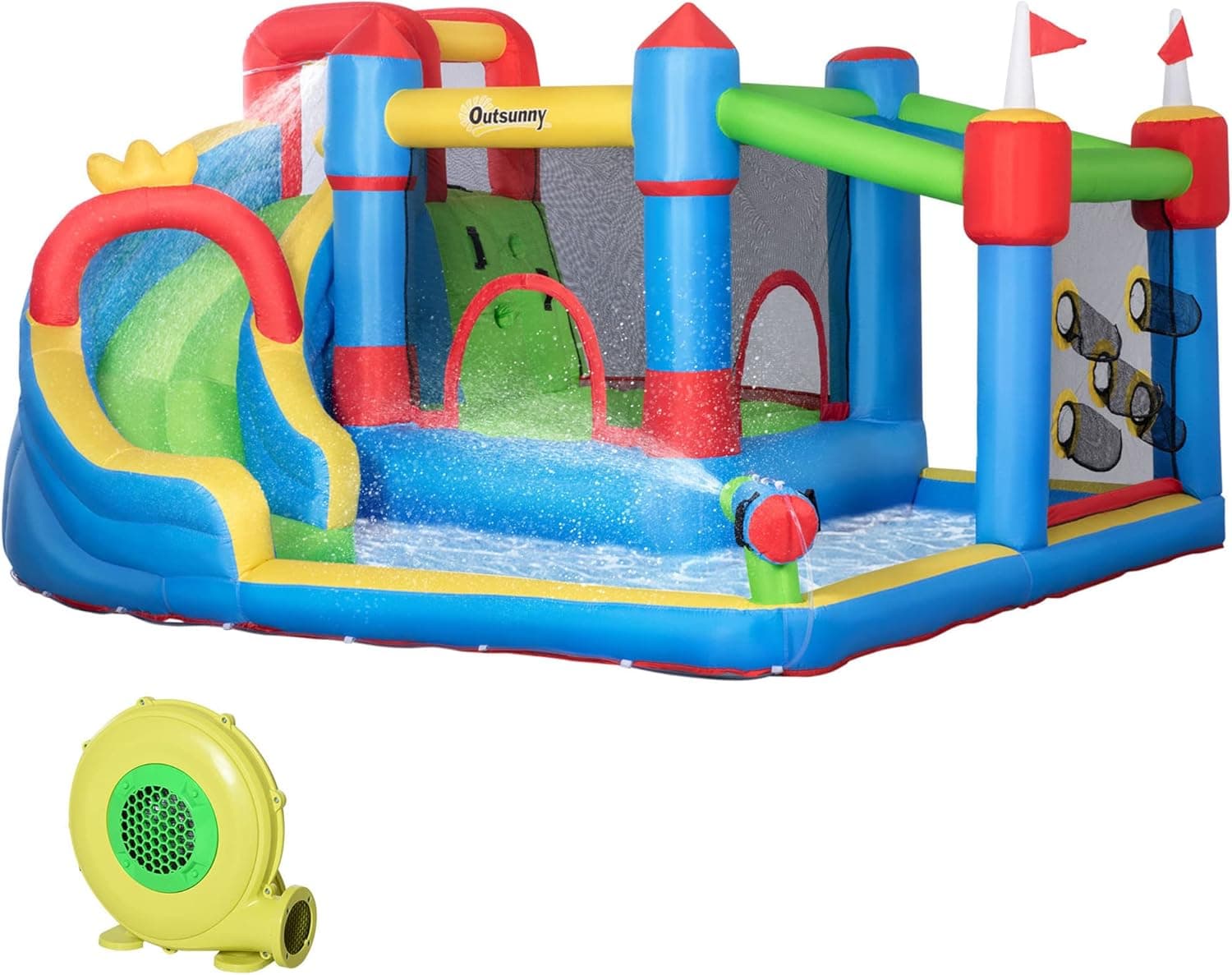 Outsunny 6-in-1 Inflatable Water Slide, Kids Water Park Castle Bounce House Includes Slide, Trampoline, Pool, Cannon, Climbing Wall, Throwing Wall with Carry Bag, Repair Patches, 450W Air Blower