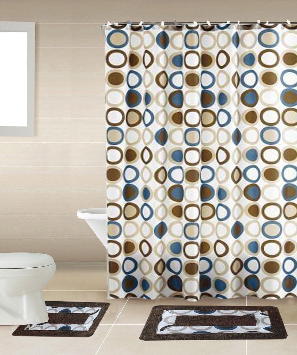 GorgeousHome 15PC Printed Banded Bathroom Rubber Backing Rug Bath Mats Set with Fabric Matching Shower Curtain & Hooks (SAMI Brown)