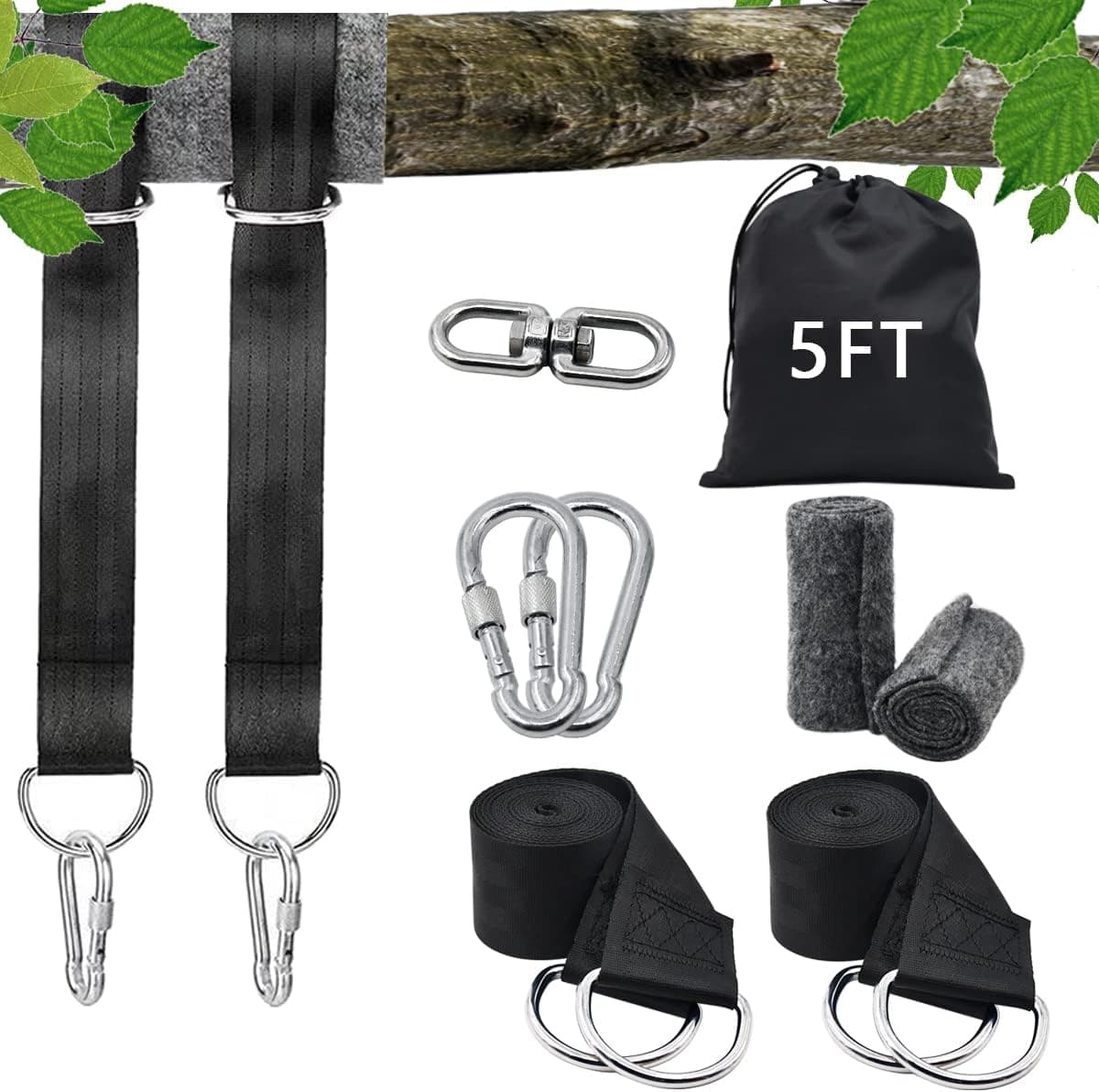 Tree Swing Straps Hanging Kit 5FT, Hammock Straps, Extra Long Tree Swing Straps with Safer Lock Carabiners, Tree Protector, Swivel Hook, Carry Bag, Holds 2000Lbs, Perfect for Tree Swing & Hammocks
