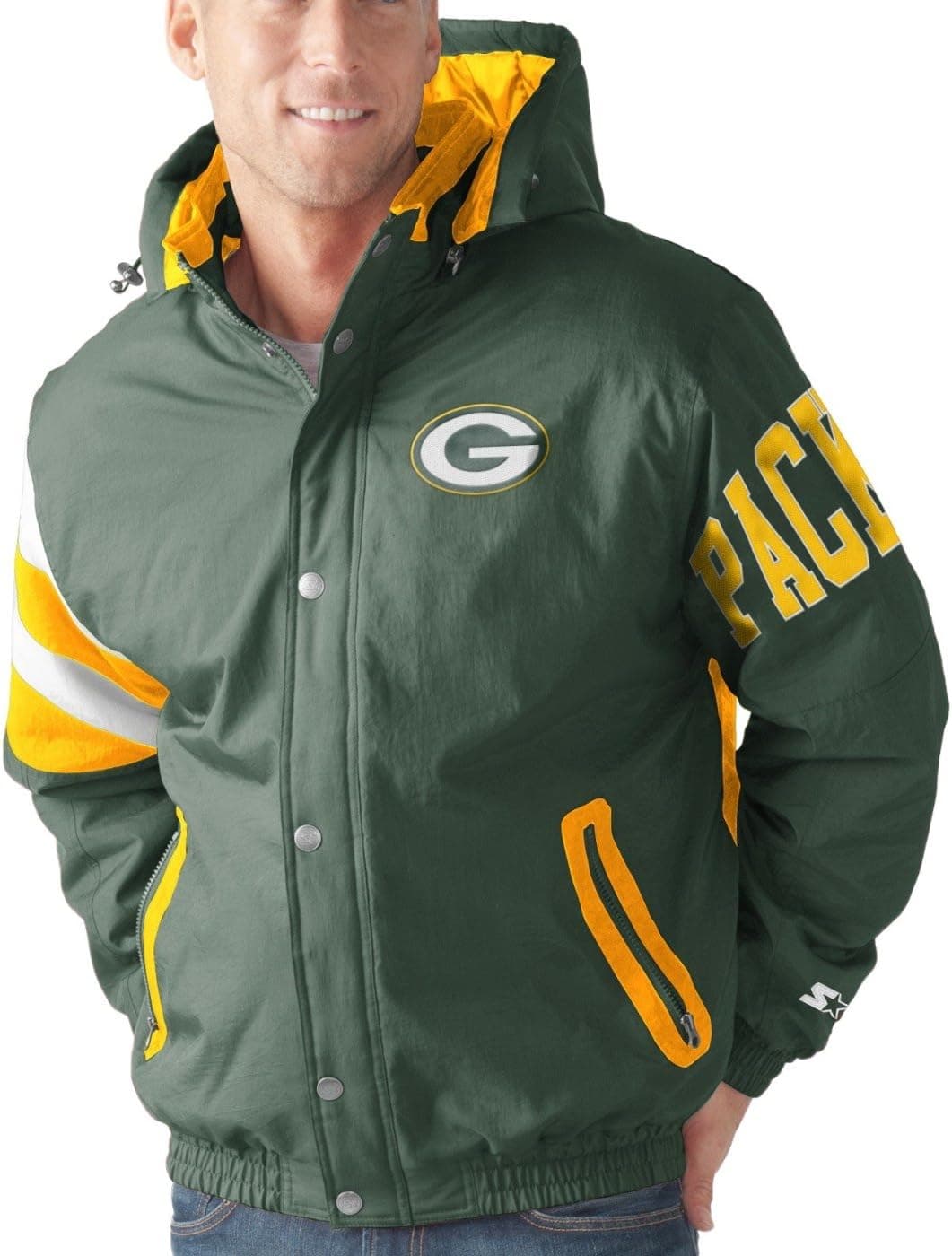 STARTER Green Bay Packers NFL Men's Knockout Full Zip Detachable Hood Jacket