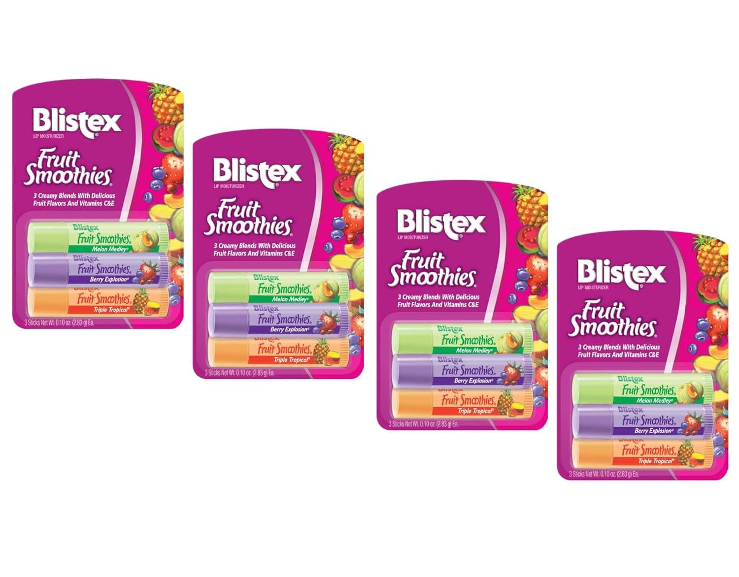 Blistex Fruit Smoothies Lip Moisturizers 3 Sticks 0.10 oz each Pack of 4