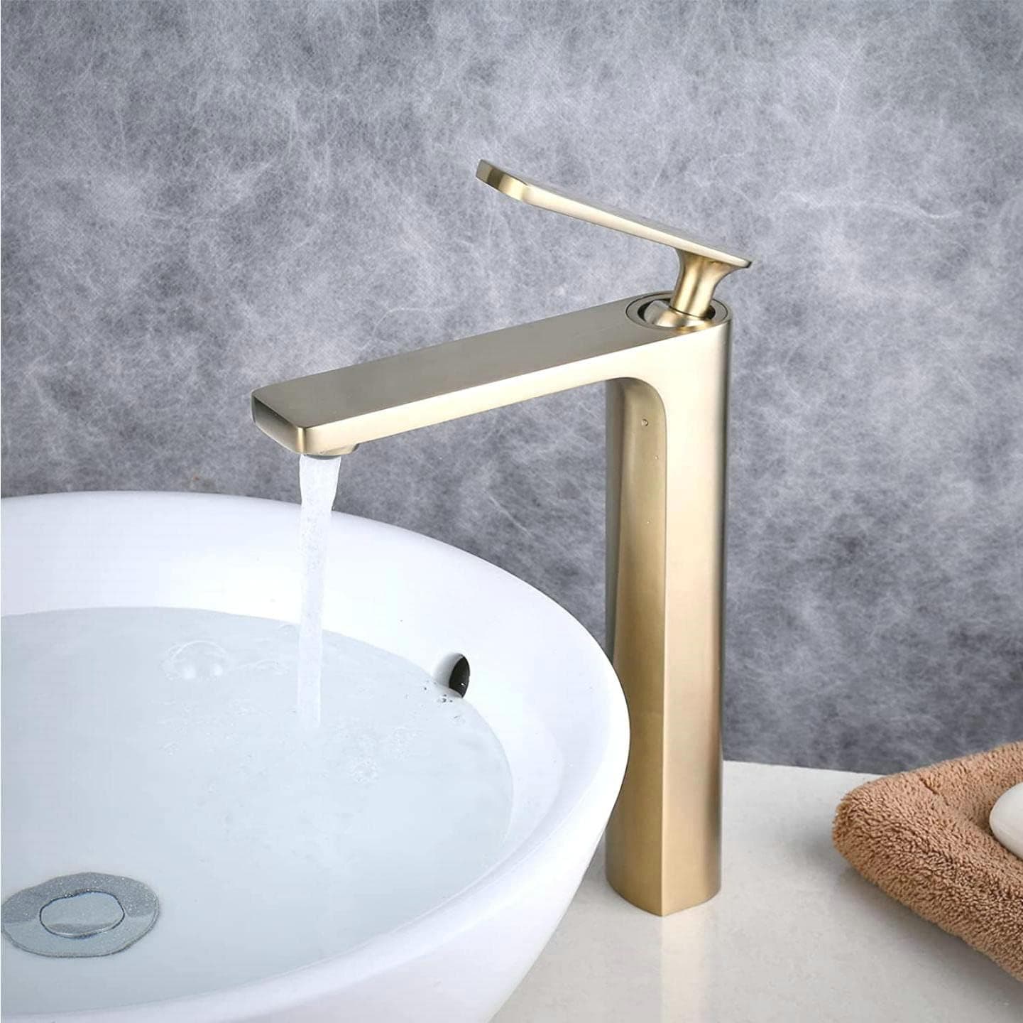 Brushed Gold Vessel Sink Faucet, SHUNLI Bathroom Vessel Faucet Brushed Brass, Tall Bathroom Faucet Single Hole Modern Lavatory Vanity Mixer Tap