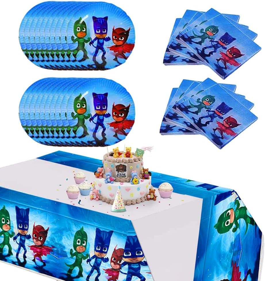 Catboy, Owlette and Gekko Party Supplies Party Favors, Catboy, Owlette and Gekko Birthday Party Decorations for 20 Guests, Including Disposable Paper Plates, Napkin, Tablecloths Pack Set for Kids Boy