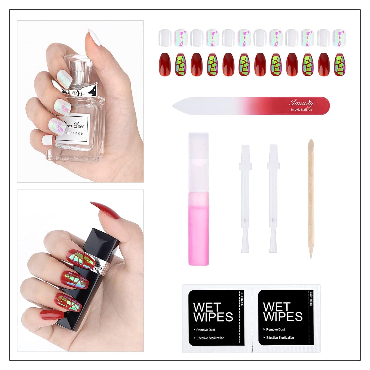 48 Pieces Press On Nails Kit, 2 Sets of Nails White Red Aurora Sequins False Nails With 12 Sizes Tips Full Cover Polish Free Artificial Acrylic Nail Art Glue Included…