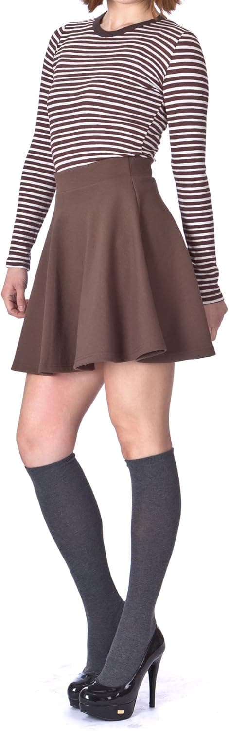 Basic Solid Stretchy Cotton High Waist A-line Flared Skater Mini Skirt