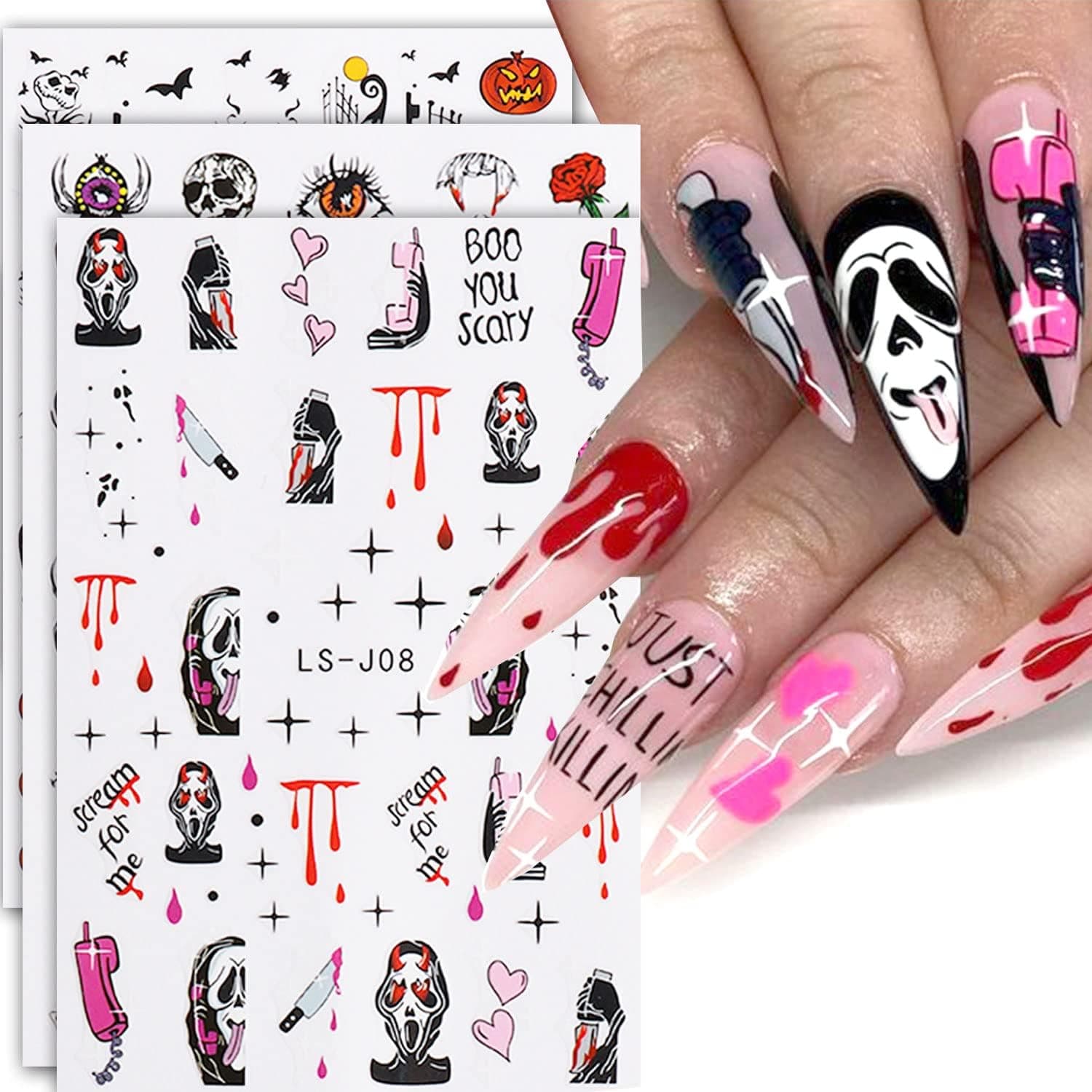 8sheets Halloween Nail Art Stickers Decals Day of Death Nail Art Sticker 3D Self-Adhesive Halooween Nail Skull Devil Vampires Pumpkin Designs for Women and Girls Manicure Decor