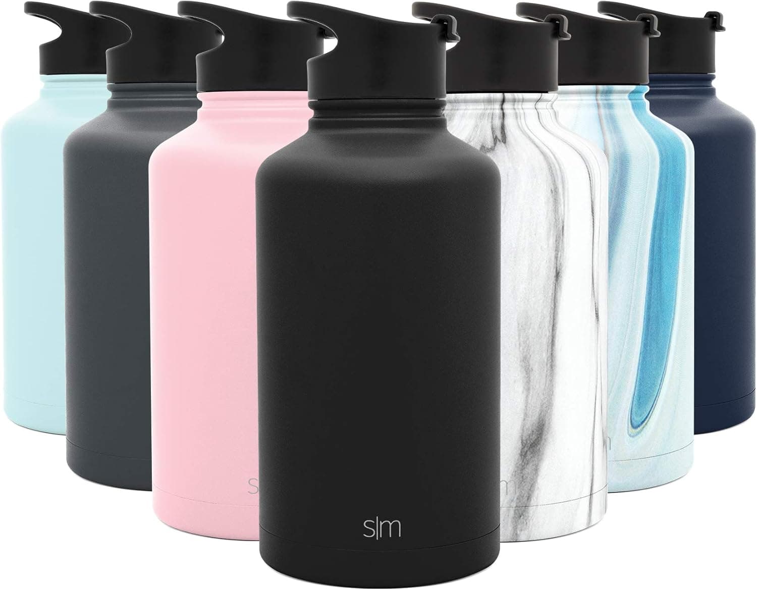 Simple Modern 64 Ounce Summit Water Bottle - Stainless Steel Half Gallon Flask +2 Lids - Wide Mouth Double Wall Vacuum Insulated Leakproof - Midnight Black