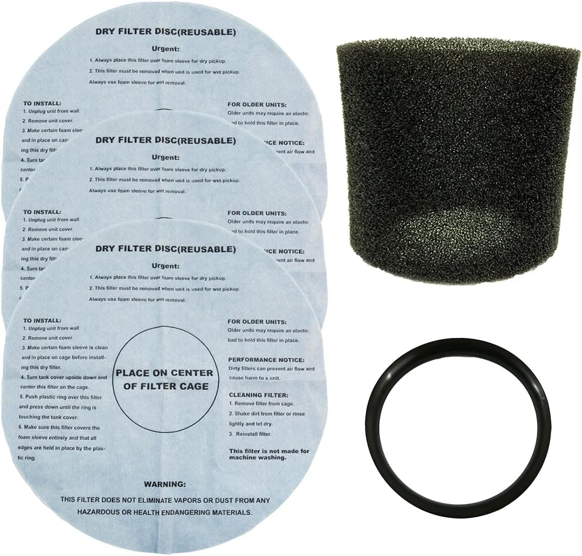 ALL PARTS ETC. Foam Filter Sleeve for Shop Vac including 3 Dry Filters, 1 Foam Sleeve, and 1 Mounting Band - Compatible with Shop Vac, Ridgid, Craftsman and Other Similar Wet Dry Vacs