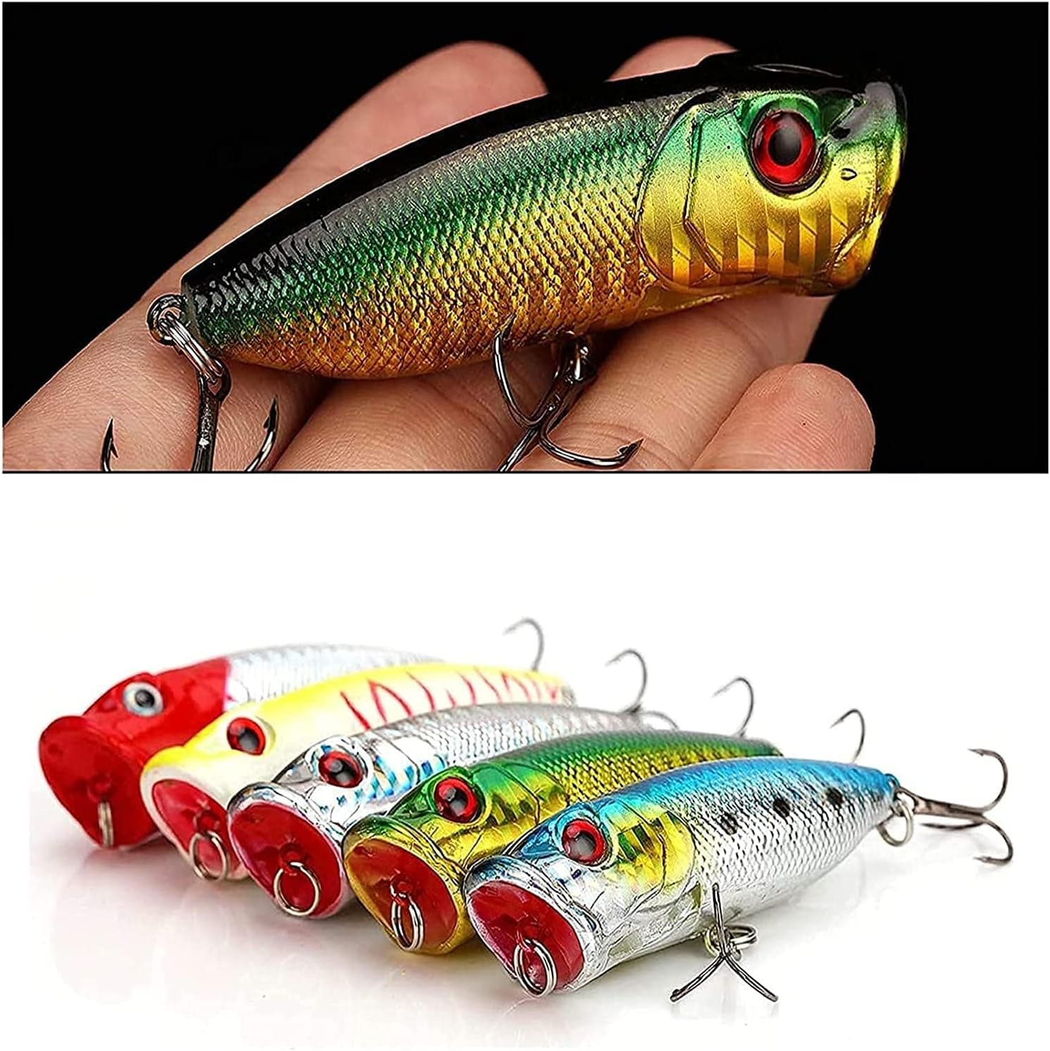 DAMIDEL 5 Pcs 2.75in/12g Popper Fishing Lures Fishing Lure Baits Kit Crankbait Minnow Hard Lure with Treble Hooks for Saltwater Freshwater Bass Trout Walleye Carp