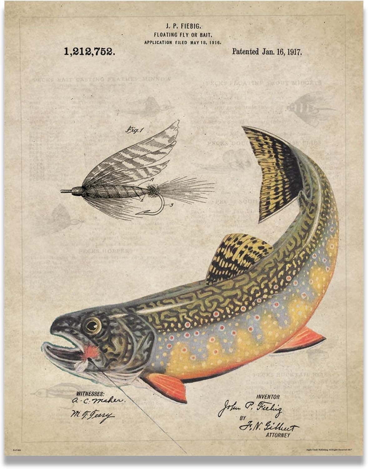 Antique Fly Fishing Lure US Patent Poster Art Print Trout Largemouth Bass Walleye Muskie Lures Poles 11x14 Wall Decor Pictures