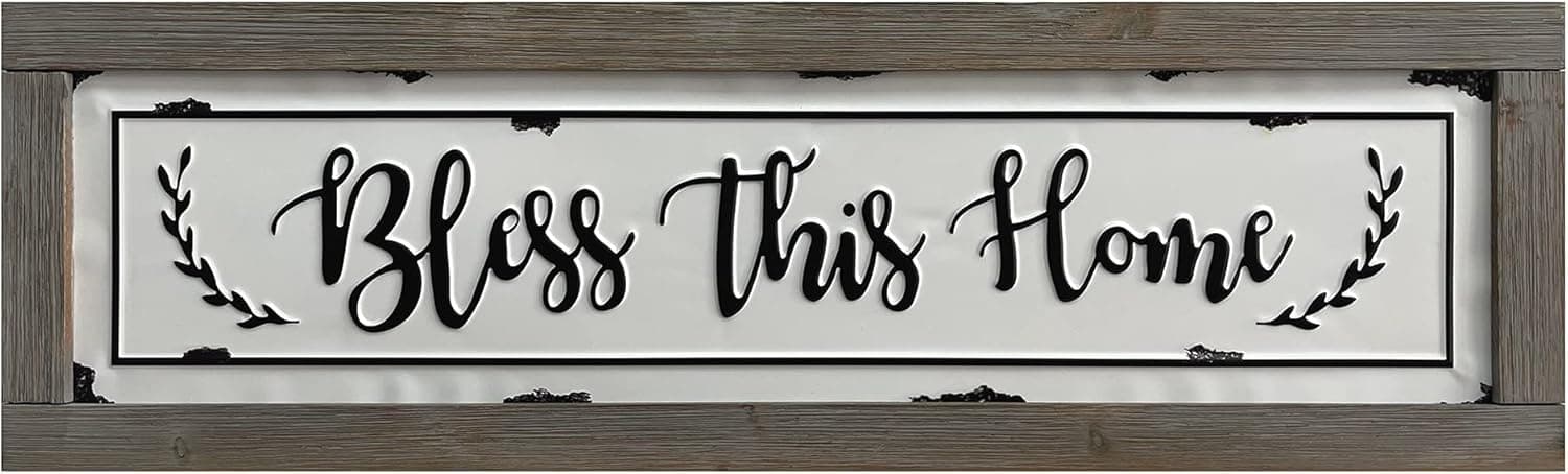 PrideCreation Bless This Home Wall Signs, 36x11 inch Rustic Enamel Wood Framed Metal Wall Hanging Decor Art, Inset Embossed Farmhouse Vintage Decorative Gift for Living Dining Room Bedroom Kitchen