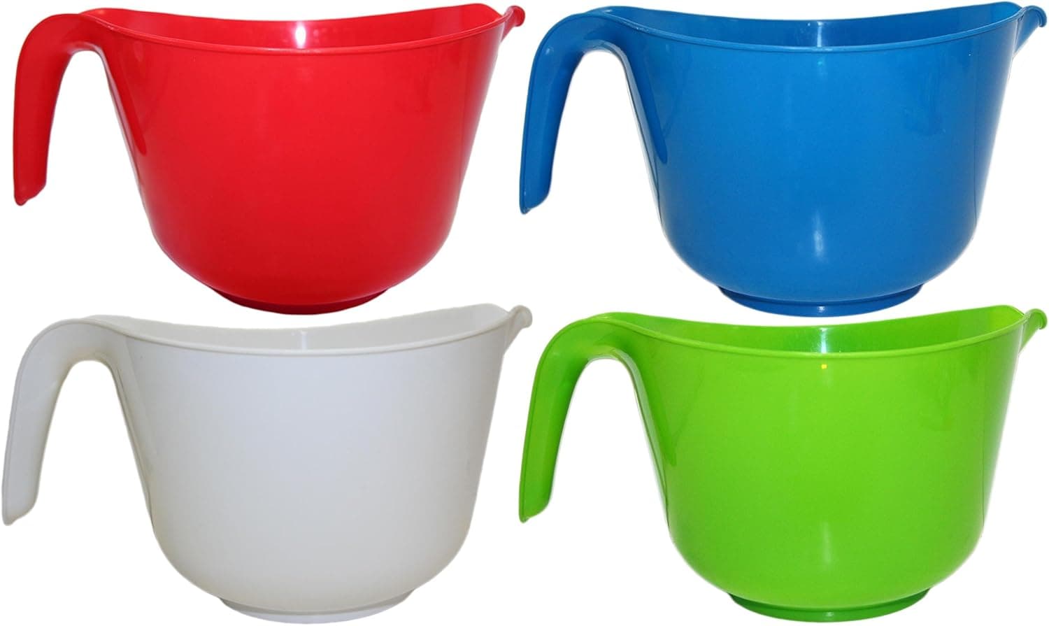 Set of 4 Classic Plastic 3 QT Mixing Bowls with Handle and Spouts! 4 Assorted Colors! (Red, White, Blue, Green)