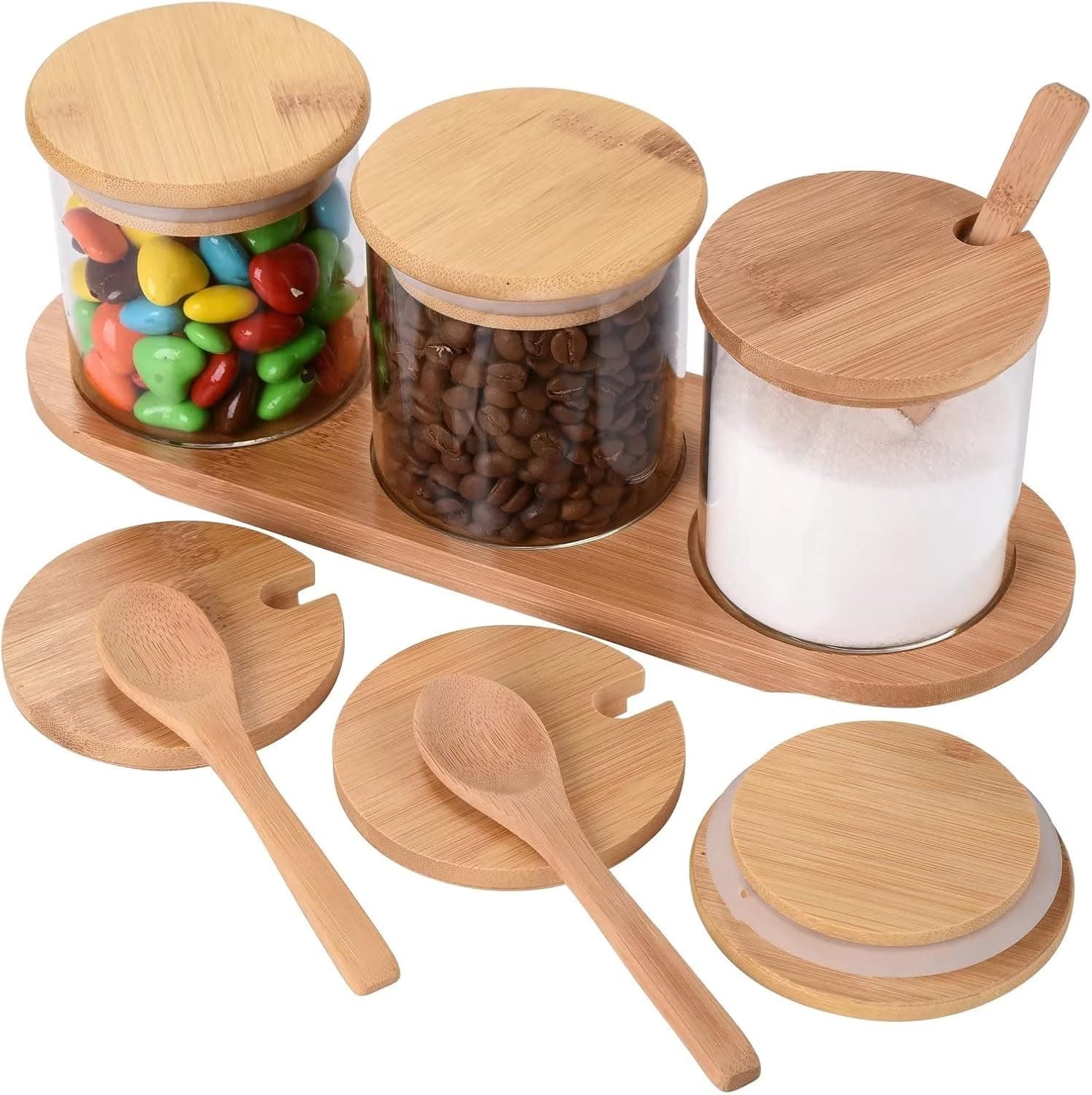 Glass Condiment Jar with Lids and Spoons, Salt Sugar Container Bowl Box with Blank Labels, Coffee Canister, Set of 3 Bath Salt Storage Jars, 12 oz