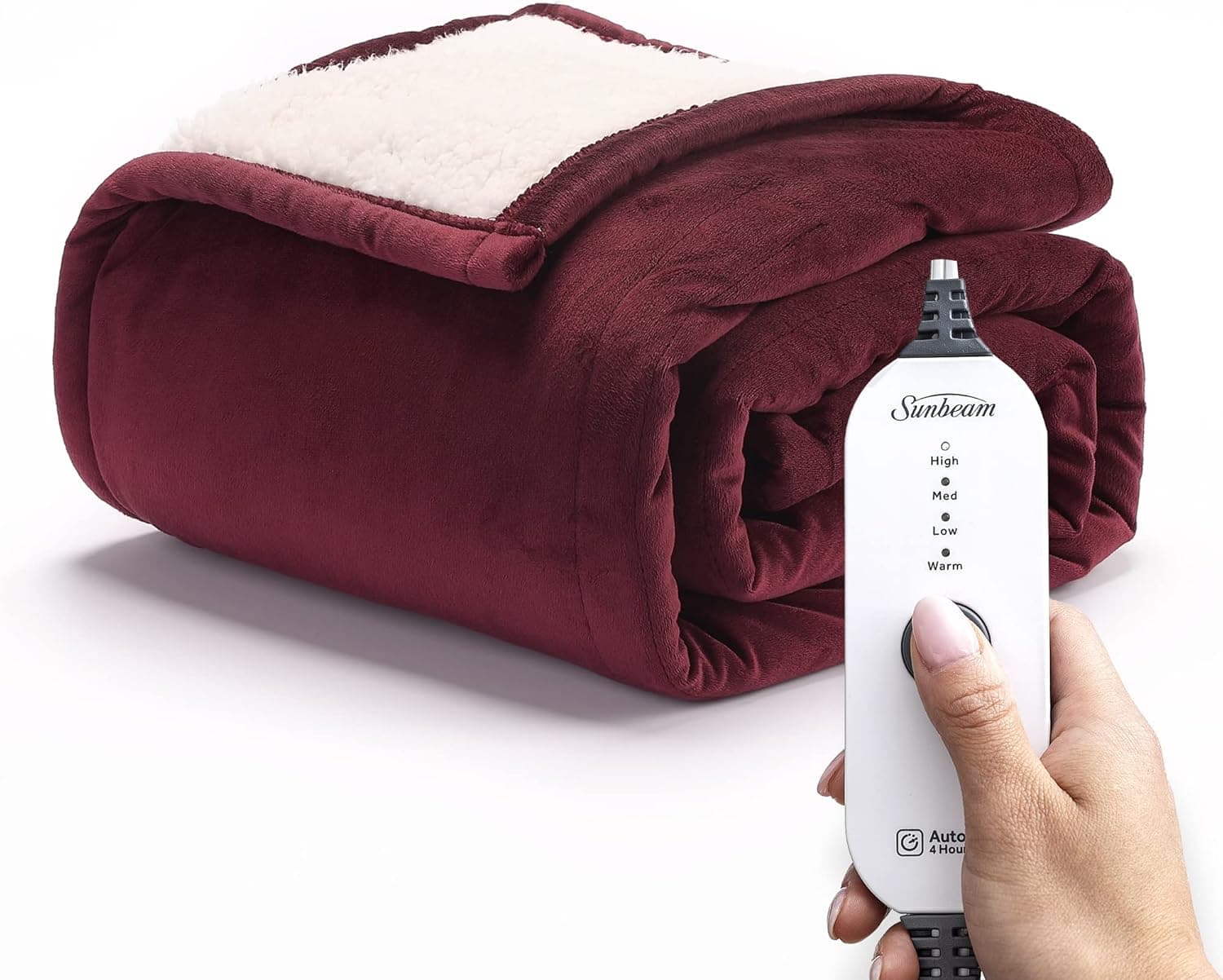 Sunbeam Royal Mink Sherpa Cabernet Heated Personal Throw / Blanket, Cozy-Warm, Adjustable Heat Settings