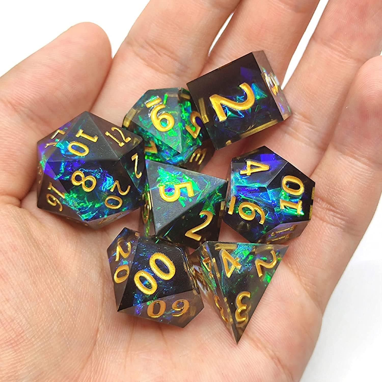 DND Dice Set, HNCCESG 7PCS Handmade Resin with Sharp Dice for Dungeons and Dragons Dice,Sharp Edge Dice with Beautiful Inclusions Role Playing Dice, Dice Games