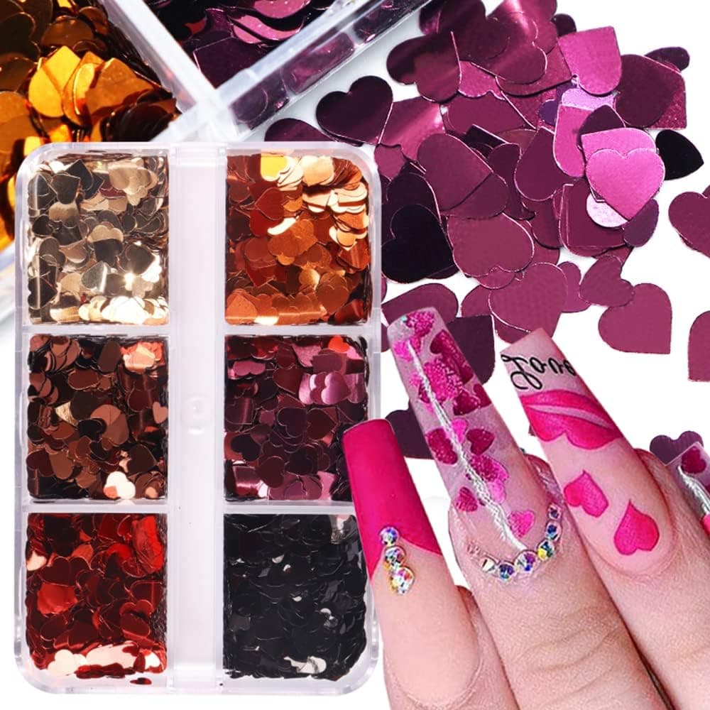 Holographic Heart Nail Art Glitter Valentine's Day Nail Art Stickers Decals 6 Colors Metallic Sparkle Heart Nail Flakes Acrylic Nails Supplies Manicure Decoration Accessories for Woman Girl