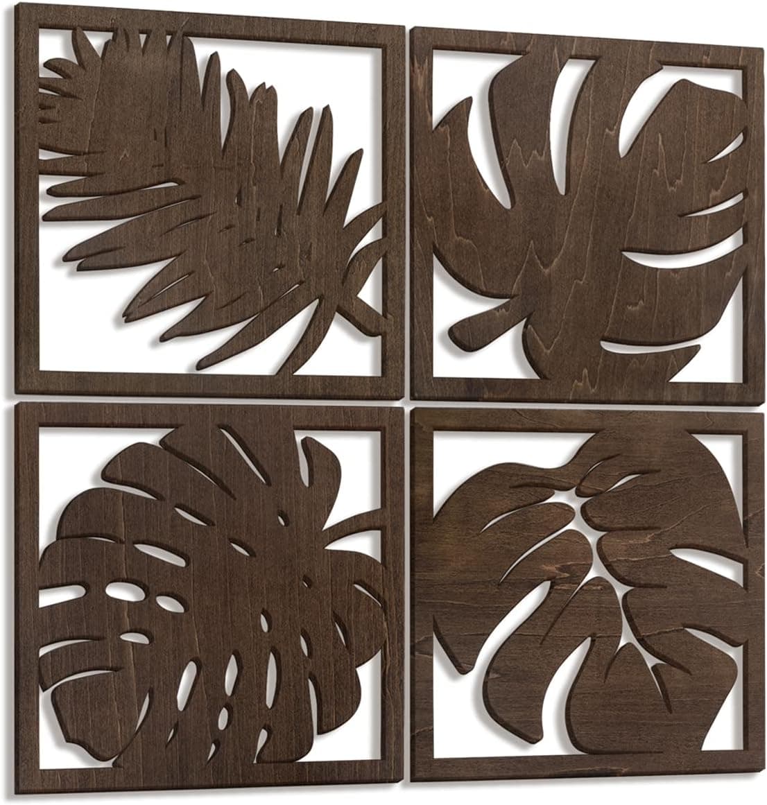 ICOLORY 8.7×8.7" Tropical Wall Art, Wooden Palm Leaves Wall Decor, Wooden Leaves Plant Wall Decor, Hollow Tropical Leaves Pattern with Photo Frame Design, for Bedroom, Living Room - Pack of 4 - Black