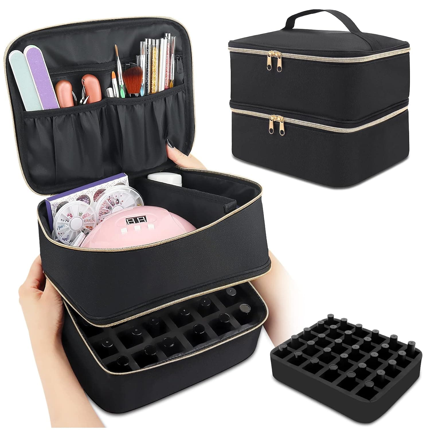 Nail Polish Organizer, Nail Polish Carrying Case, Portable Nail Polish Holder Holds 30 Bottles and Nail Lamp, Layers Nail Polish Storage Bag with Stable Dividers Removable Storage Pockets, Black
