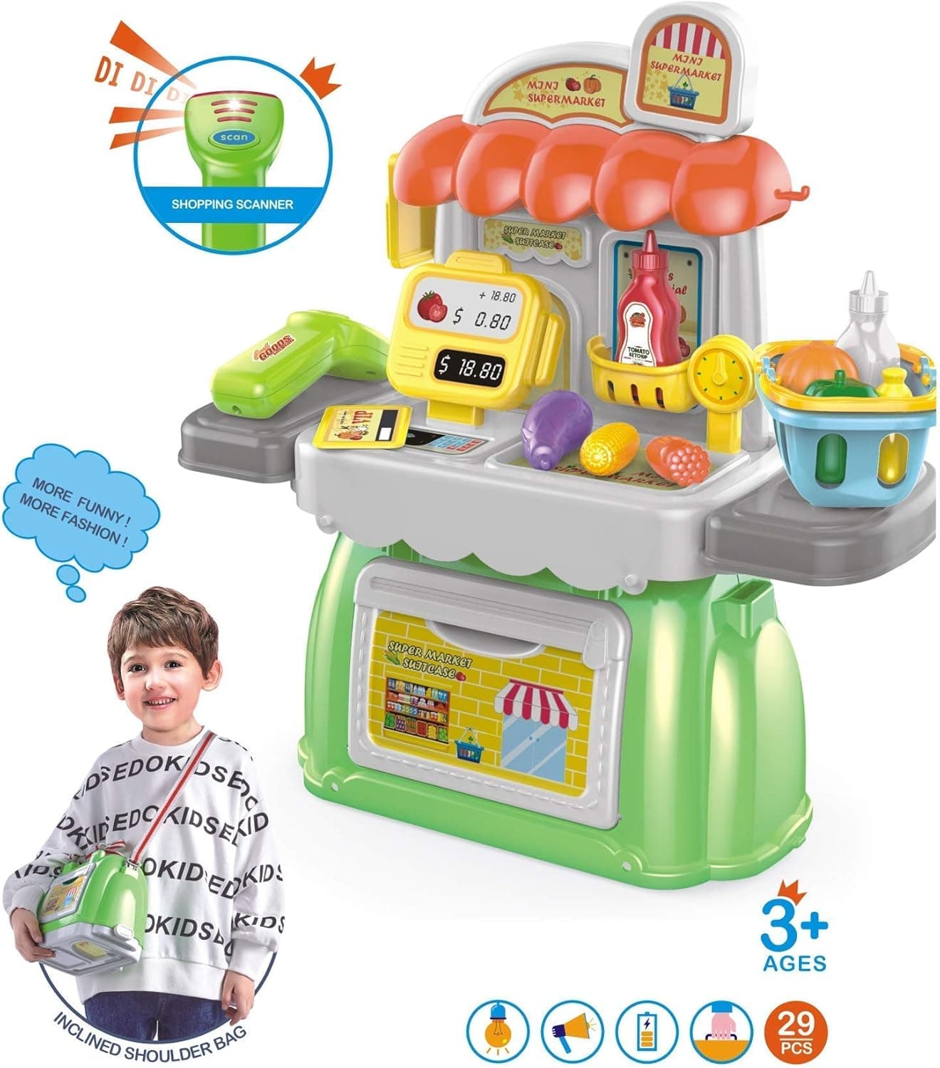 Cash Register Pretend Play Supermarket Shop Toys with Calculator, Working Scanner,credit Card ,play Food, Toy Backpack 2 in 1, Portable Toy Storage Box, Role Play Educational Toy Gift for Girls & Boys