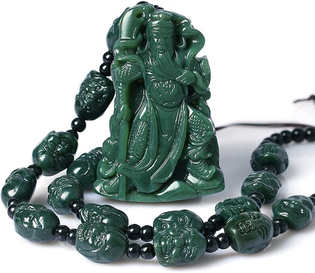 c1lint7785631 Natural Hand Carved Green Jade Wu God of Wealth Guan Yu Eighteen Lohan Necklace Pendant