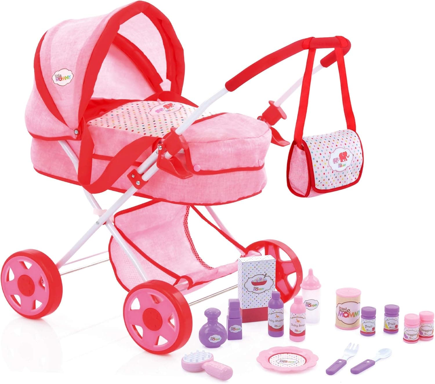 Little Mommy Doll Pram 17 Piece Play Set (D96589) - Includes a Matching Carry Bag to Store Feeding and Grooming Accessories, Fits Dolls up to 18 inches, Age 3+