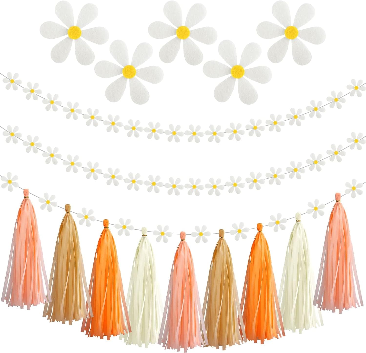 20 Pieces Daisy Groovy Boho Garland 2 Pieces Daisy Garland Party Tassel Banner Artificial Daisy Party Favor Daisy Felt Banner for Spring Decor Wedding Birthday Party Bridal Window Decorations(Daisy)