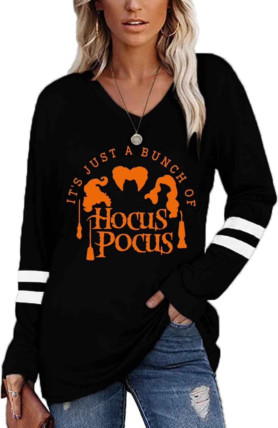 Women It's Just A Bunch of Hocus Pocus Shirt Sanderson Sisters Long Sleeve Halloween Shirts Tops