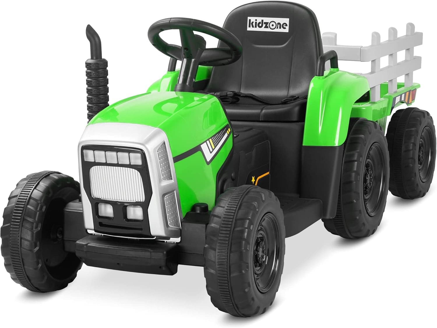 Kidzone 12V 7AH Treaded Tires with Dual 25W Motors Remote Control Battery Powered Electric Tractor with Trailer Toddler Ride On Toy with 3-Gear-Shift 7-LED Lights USB & Bluetooth Audio - Green