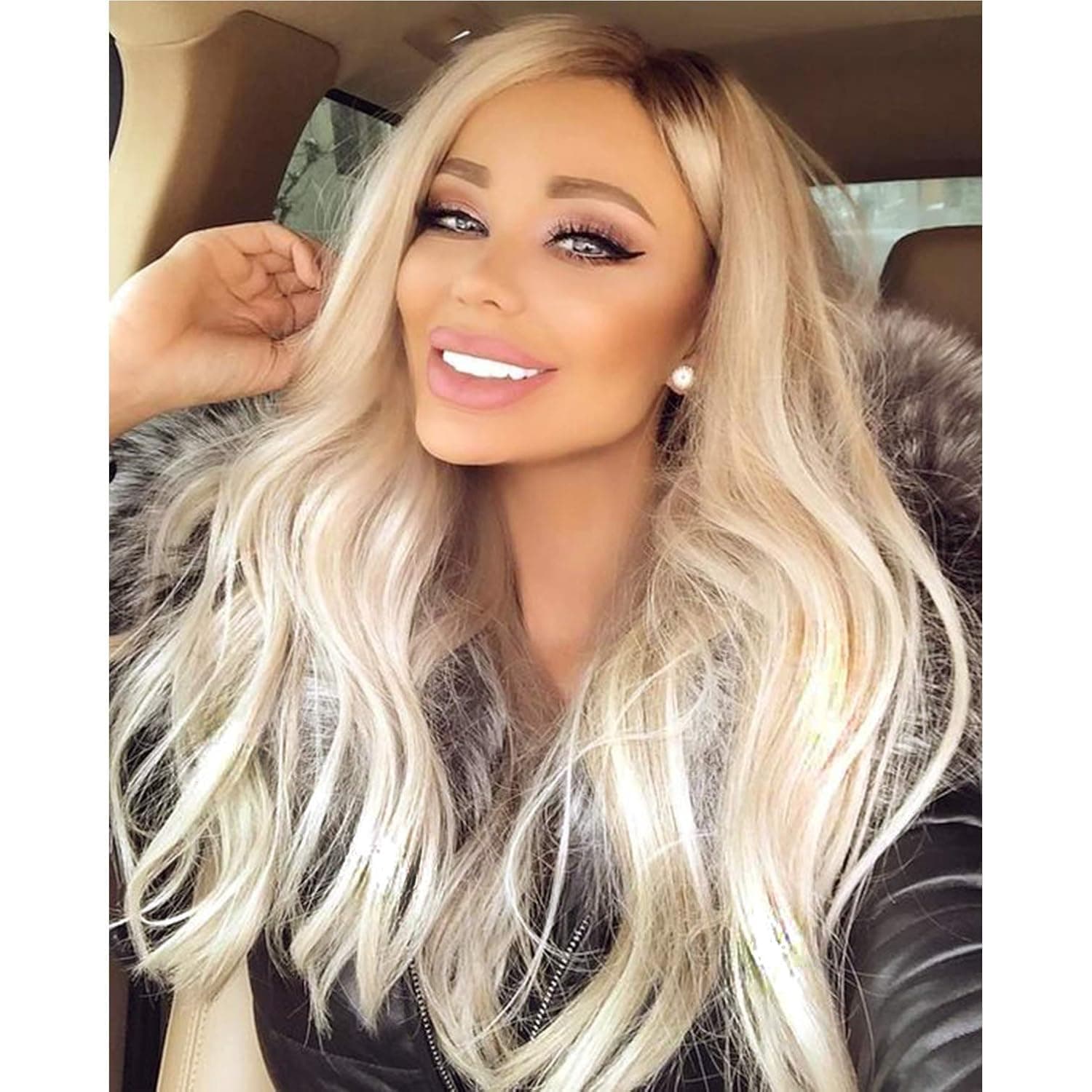 CLOVAD Long Wavy Ombre Ash Blonde Wigs for Women, 24 Inch Curly Body Wave Wig, Synthetic Heat Resistant Fiber Hair, Cosplay Hair Replacement Wig for Women, Natural Looking Wigs for Daily Party Use
