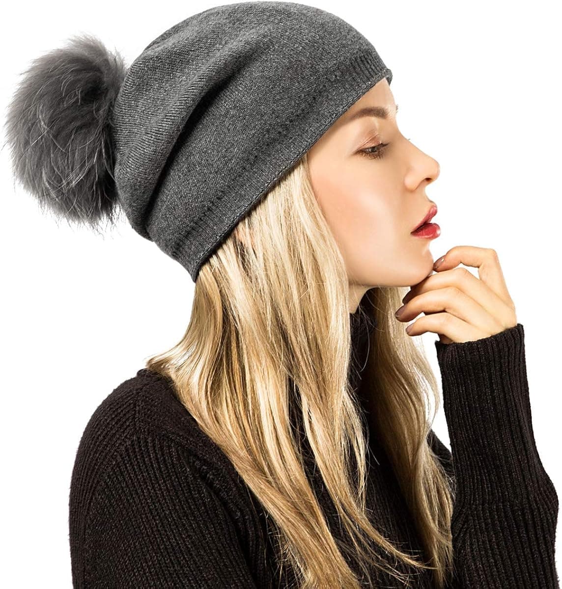 Flowomen Women Slouchy Beanie Hat with Pompom Raccoon Fur Soft Knit Warm Cap (Dark Grey)