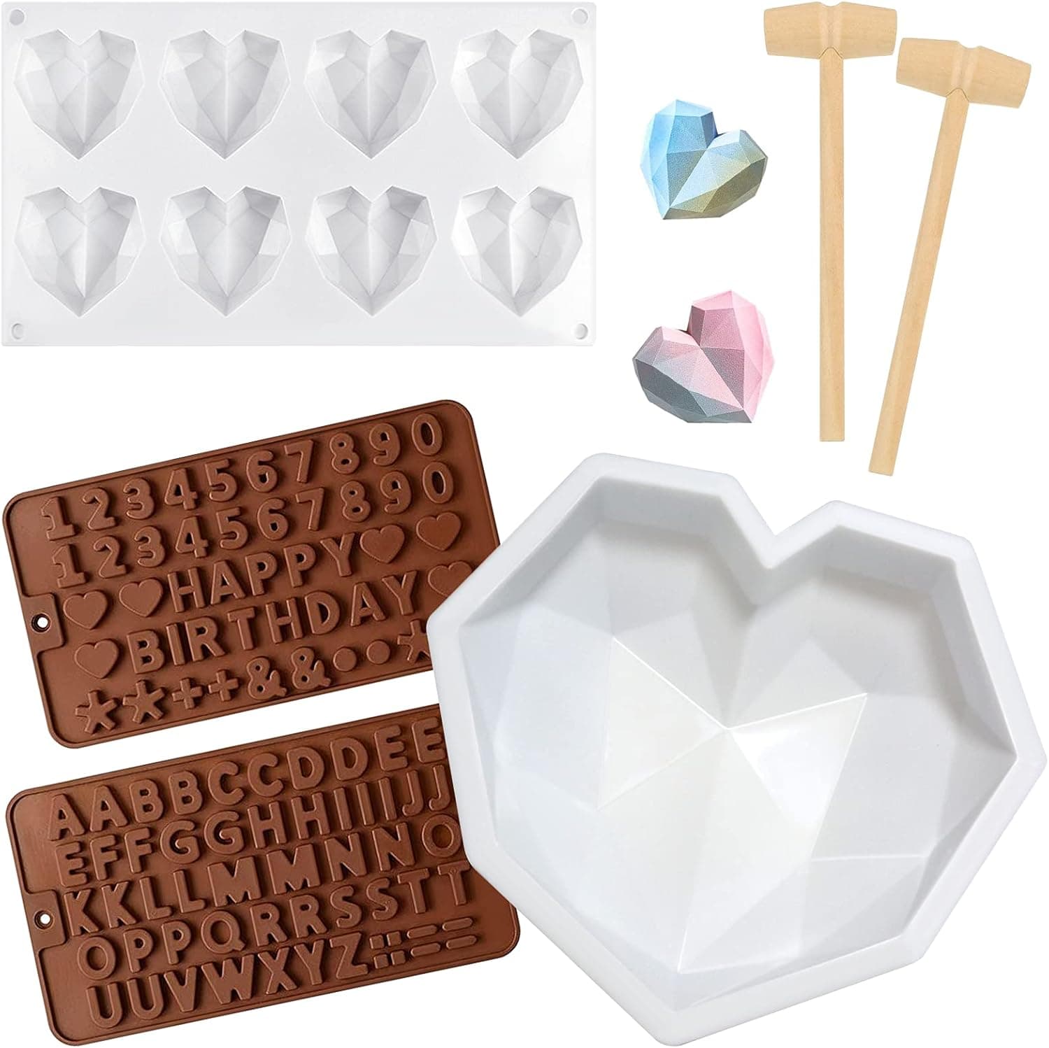 Siminsy 6 Pieces Silicone Cake Molds Set,Diamond Heart Mold Making Smashable Heart,Geometric Cake Hearts Mold,Letter and Number Chocolate Mold , 2Pcs Wooden Hammers