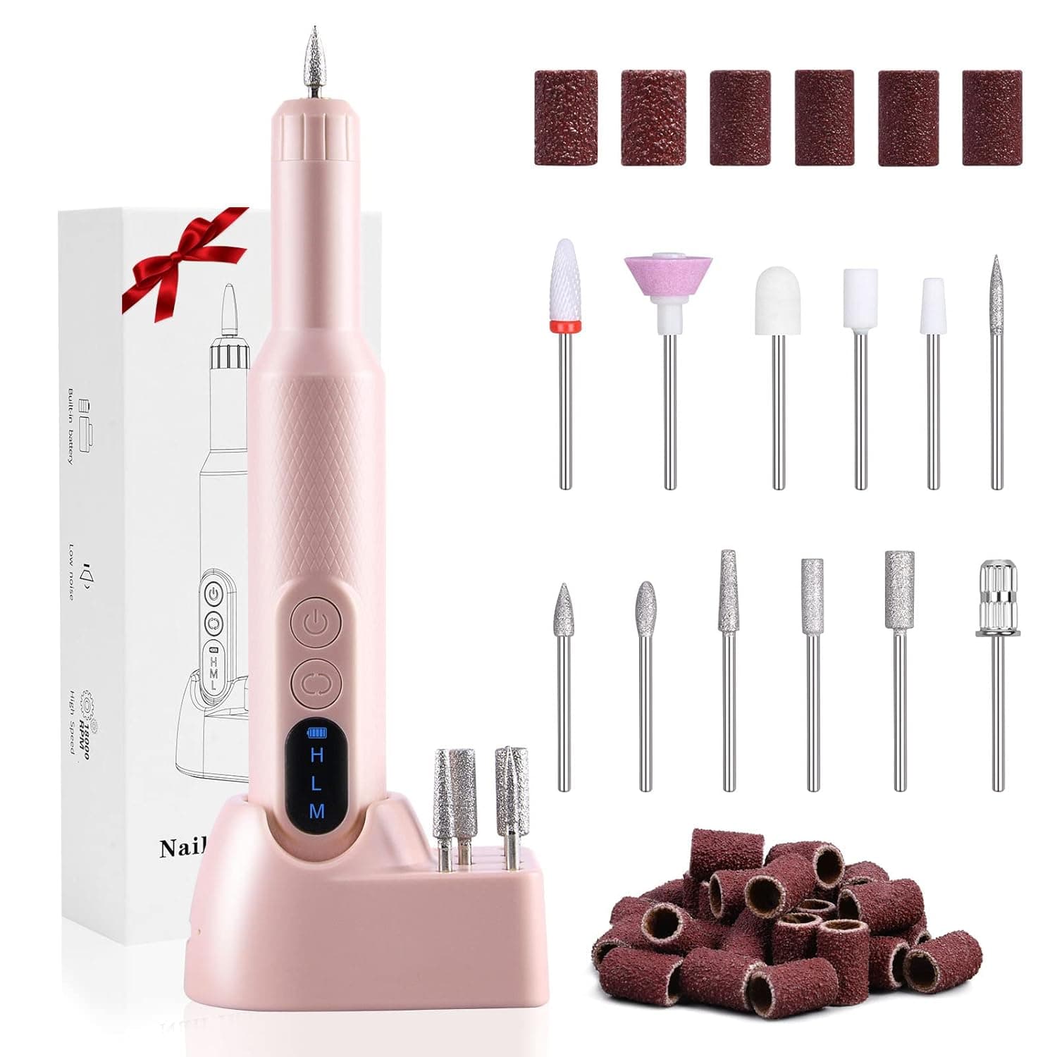 URAQT Electric Nail Files, Cordless Electric Nail Drill with 12 Nail Drill Bits, Adjustable Speed Electric Manicure and Pedicure Set for Home and Salon Use, Portable E File Kit with Rechargeable Base