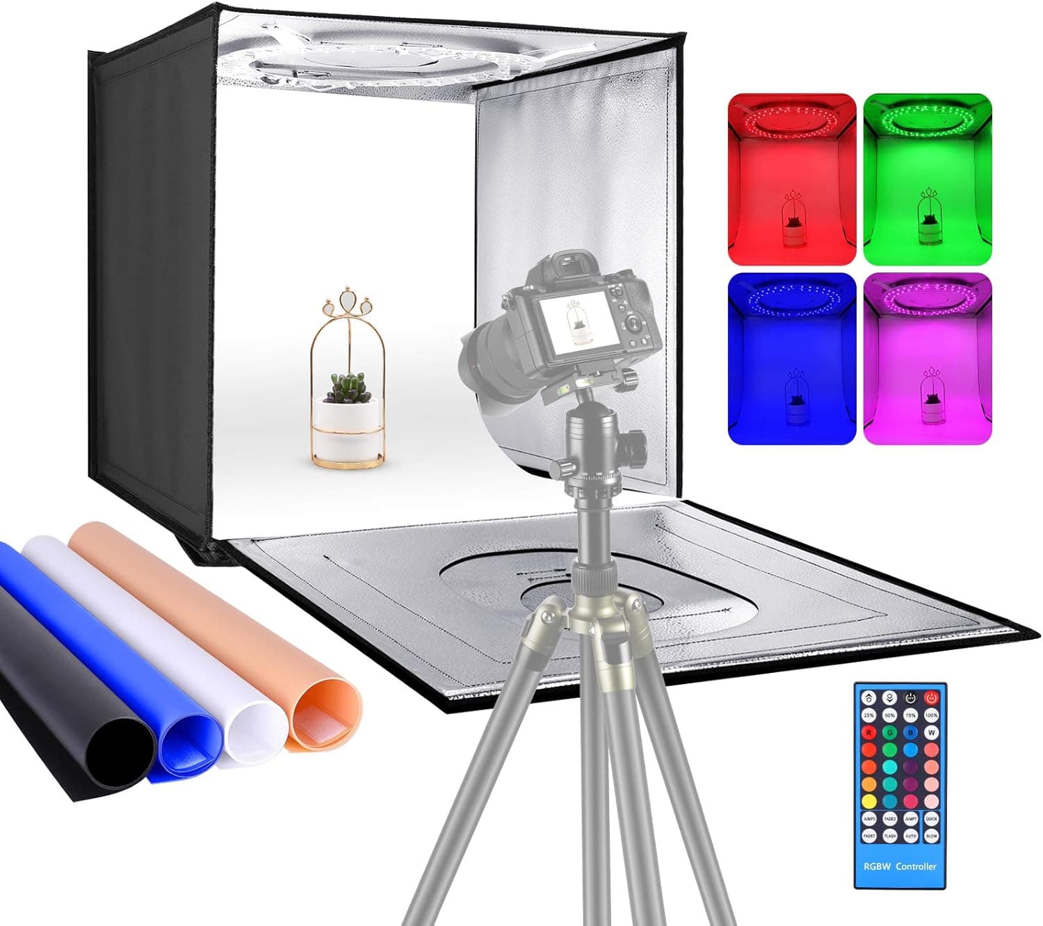 Neewer Photo Studio RGB Light Box with Infrared Remote Control, Foldable Table Top 24 inches/60cm Shooting Tent with 96 RGB LEDs/Adjustable 2-20W/6000K-6500K/4 Colors Backdrops
