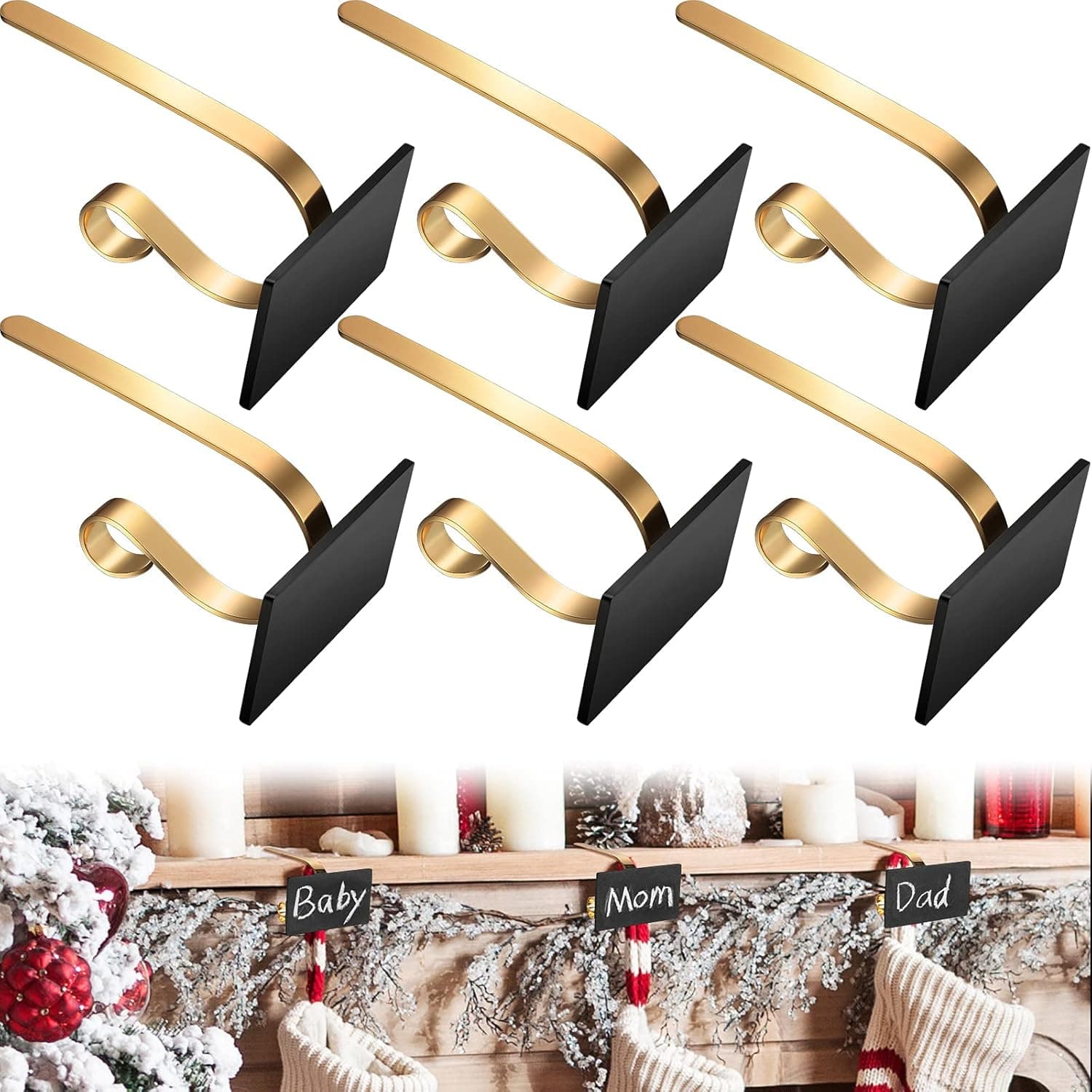 6 Pieces Christmas Stocking Hanger Holder Christmas Fireplace Hooks Metal Fireplace Holder Hanger Metal Socking Holders with Chalkboard for Xmas Mantel Stocking and Garland (Gold)