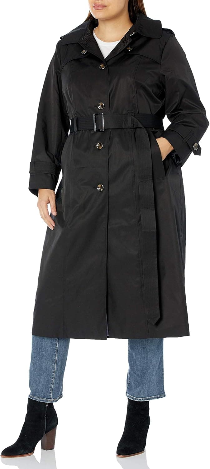 LONDON FOG Women's Plus Size Single Breasted Long Trench Coat with Belt