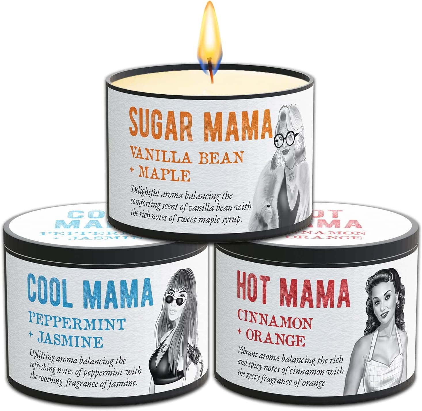 Scented Candles Mom Gift Set - Hot Mama, Sugar Mama, Cool Mama. Mothers Day Gifts Funny Aromatherapy Candles Christmas Stocking Stuffers for Mom Valentines Day Birthday Gifts for Mother House Warming