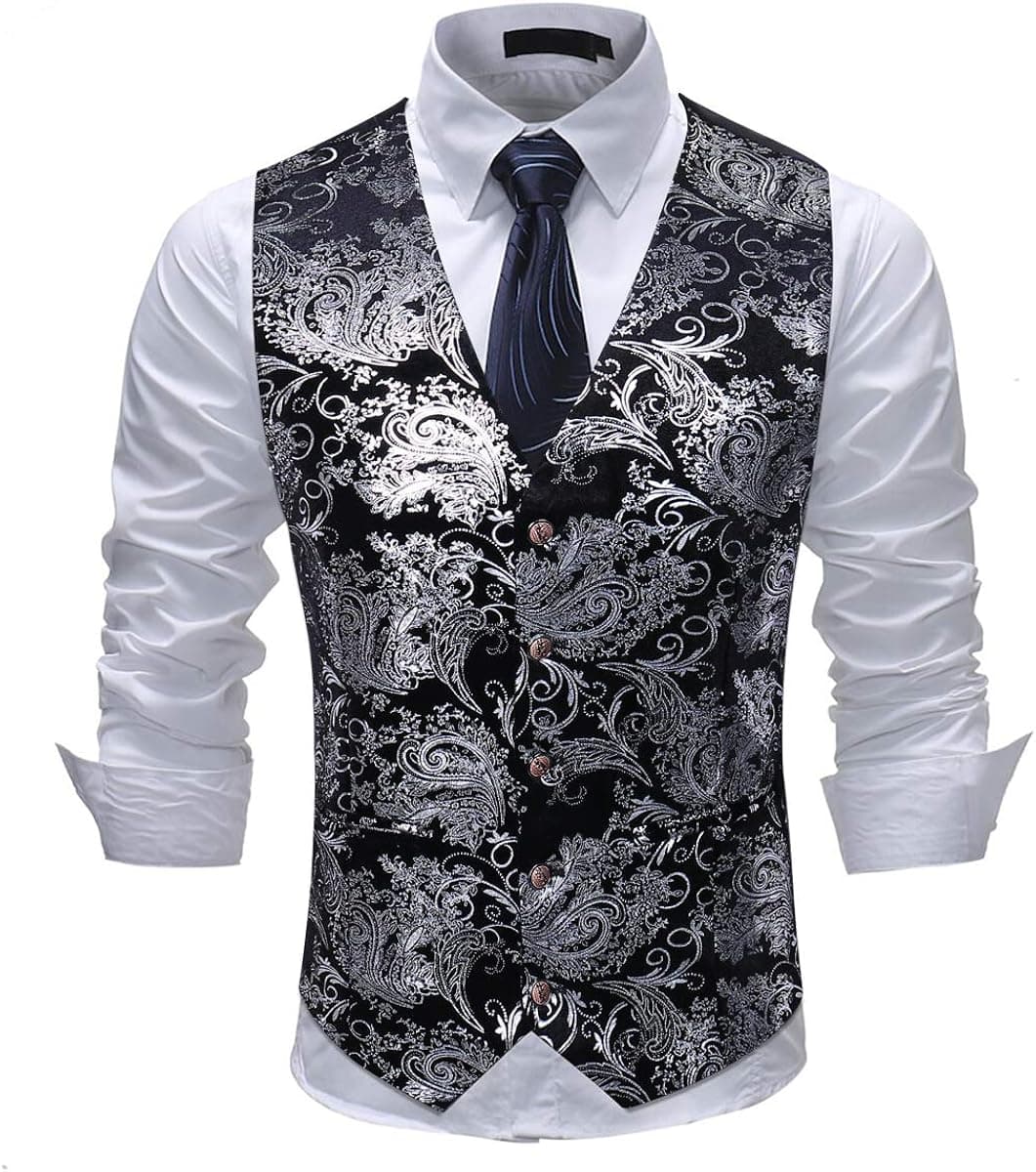 Cloudstyle Mens Print Dress Vest Slim Fit Single Breasted Button Down Formal Waistcoat