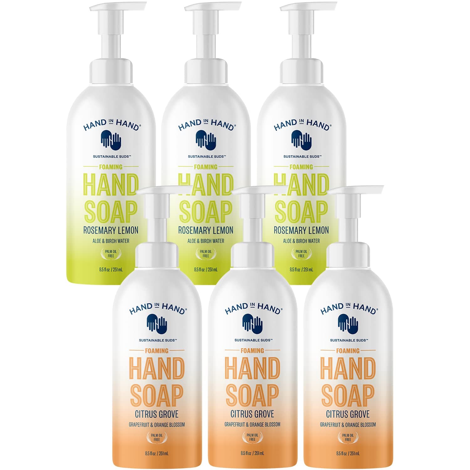 Hand in Hand Nourishing Foaming Hand Soap Multi-Pack, 8.5 Oz, Citrus Grove & Rosemary Lemon Scent Bundle, Pack of 6