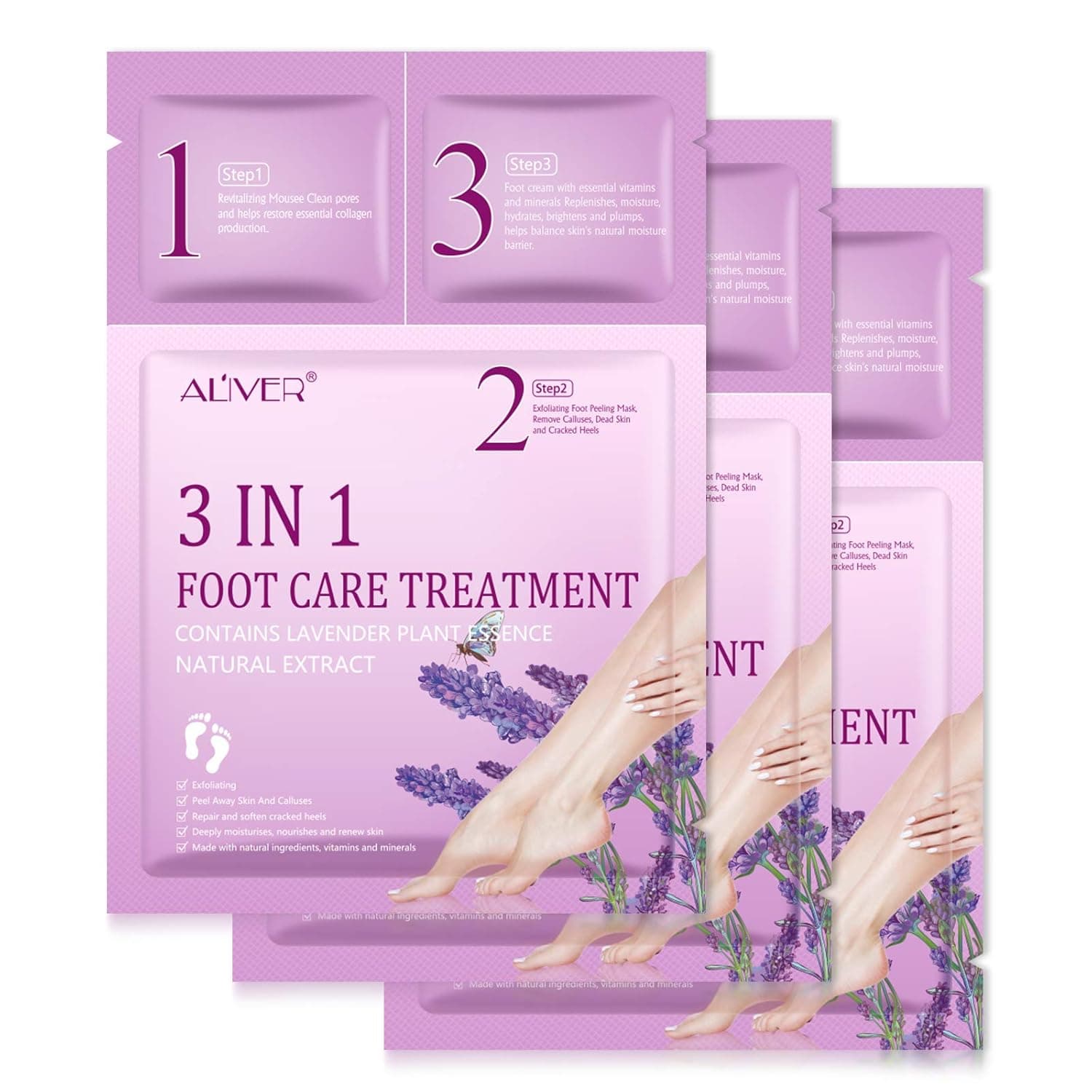 3 Pack Foot Peel Mask, Foot Mask Removes Dead Skin & Calluses, Natural Lavender Plant Essence Foot Peeling Mask, 3 Steps Foot Mask