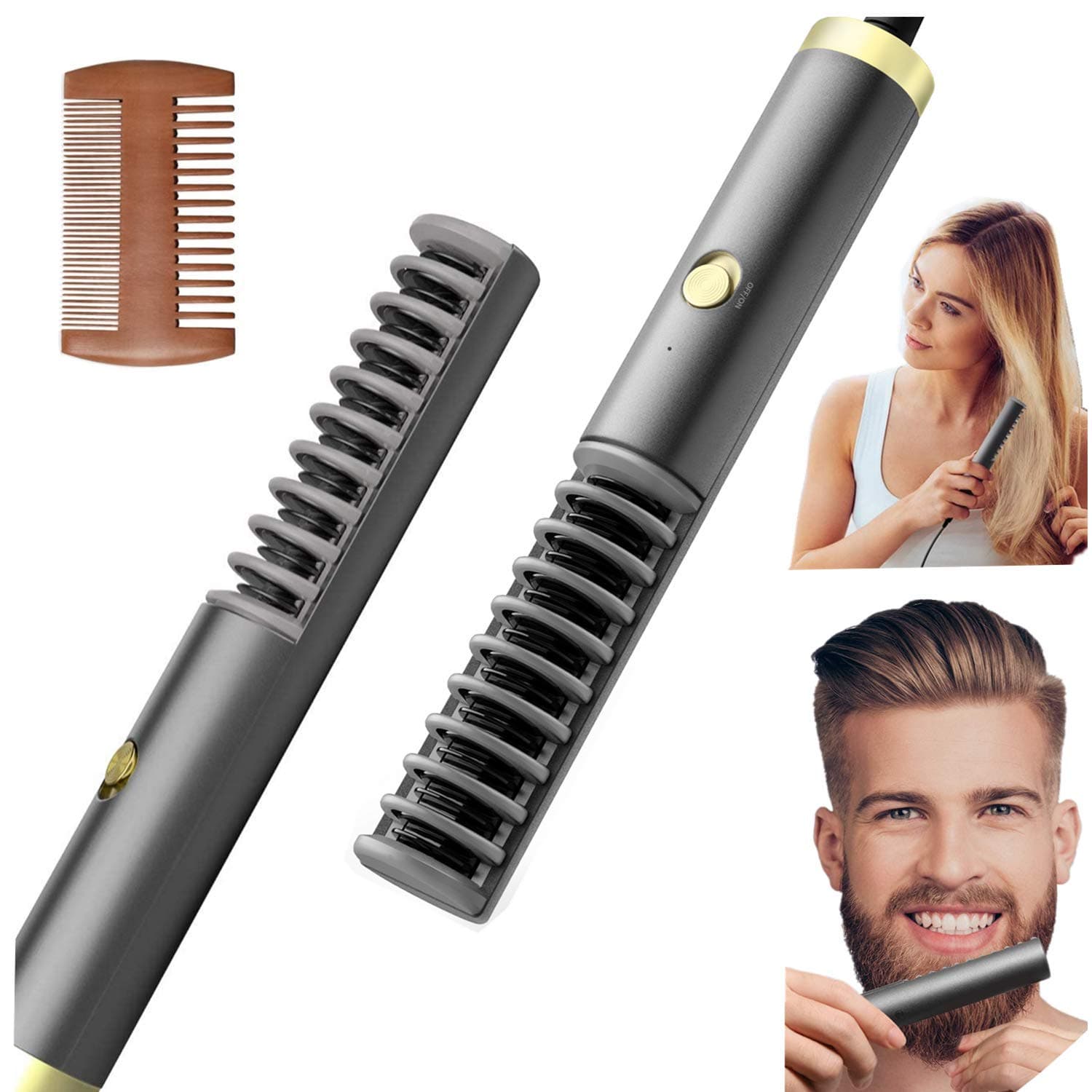 Kaome Hair Straightener Beard Straightener, Anti-Scald Ionic Beard Straightening Comb with Fast Heating, Electric Constant Temperature Hair Straightener Brush Portable for Home and Travel
