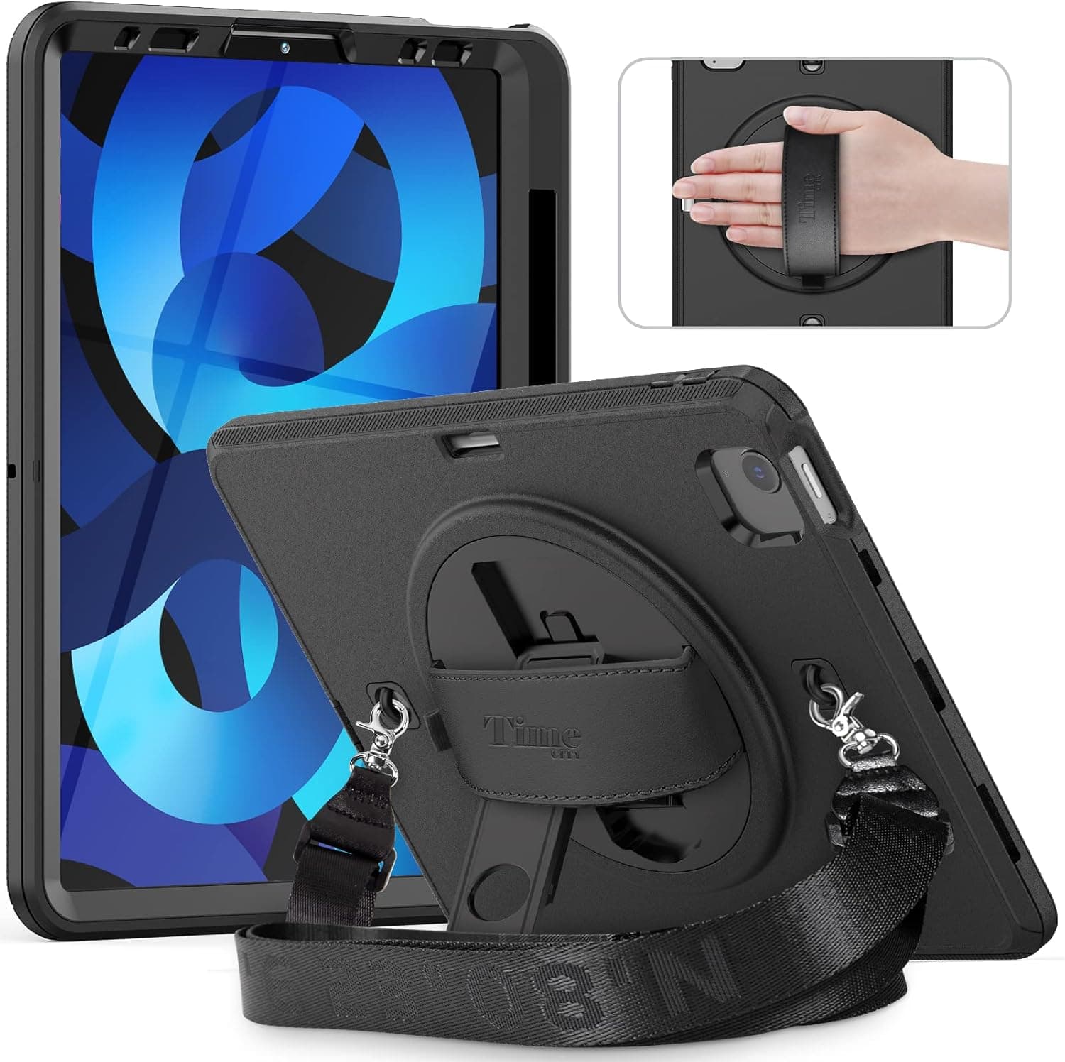 Timecity iPad Air 5th/ 4th Generation Case, iPad Air 10.9 Inch Case, Durable Sturdy Full Protection Shockproof Case with Screen Protector, Pencil Holder, Swivel Stand, Hand/Shoulder Strap - Black
