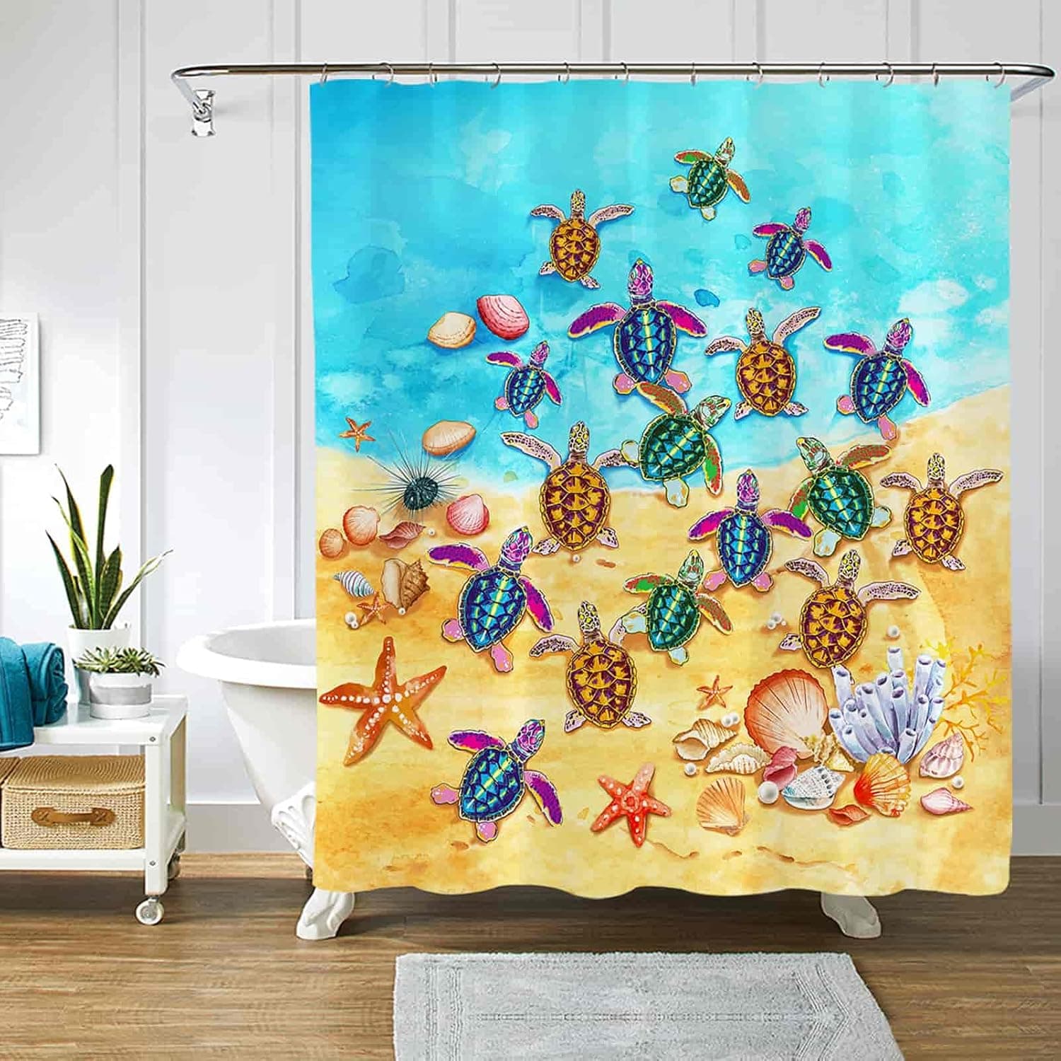 AOKDEER Sea Turtle Shower Curtain, Baby Sea Turtles and Starfish Nautical Ocean Themed Rustic Bathroom Shower Curtain Sets, Beach Sea Creatures Bathroom Curtain with 12 Hooks, Fabric Waterproof, 72x72