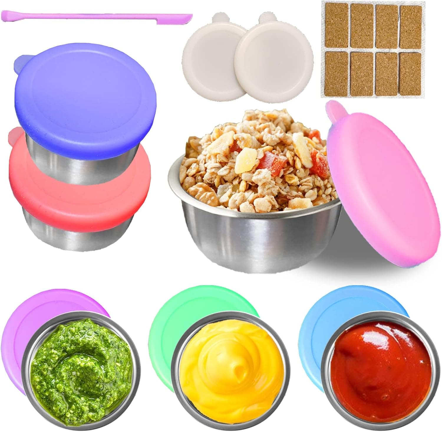 GUGUVITA 6PCs Salad Dressing Container To Go with 8 Leakproof Silicone Lids,Reusable Stainless Steel Sauce Cups Containers,1.6oz Small Condiment Containers with Lids,Small Sauce Cups for Lunch Box