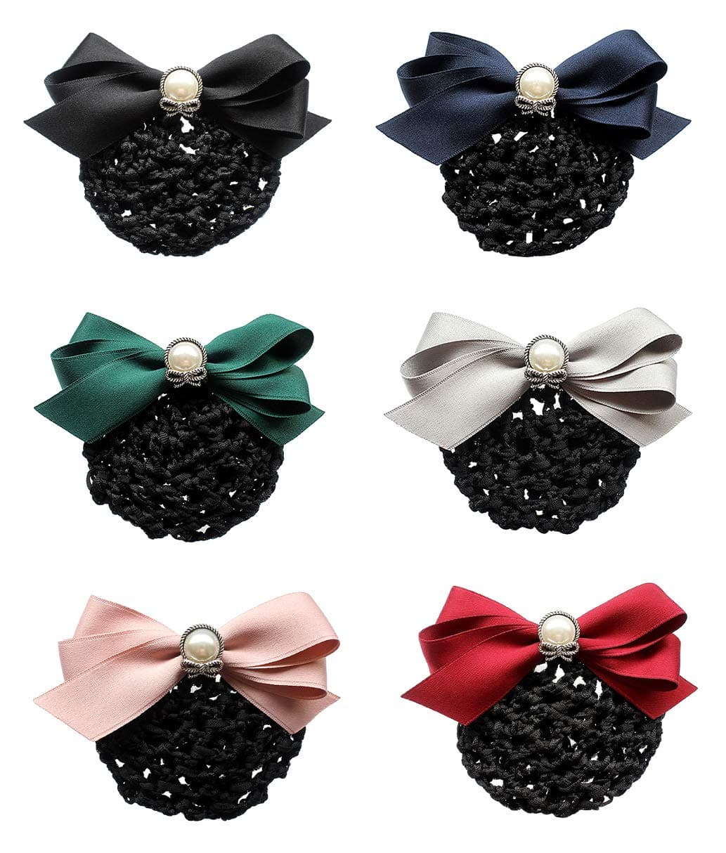 MOHSILY 4 PCS Womens Snood Barrette Hair Ties Clip Bowknot Hairnet Bun Cover Set (One Size, 6 Pack 1)