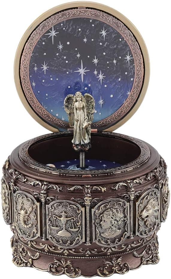 Simlug Music Box, Wooden Music Box Vintage Music Box, 12 Constellations Rotating Goddess Musical Box with Twinkling Light Gift for Birthday(Aries)