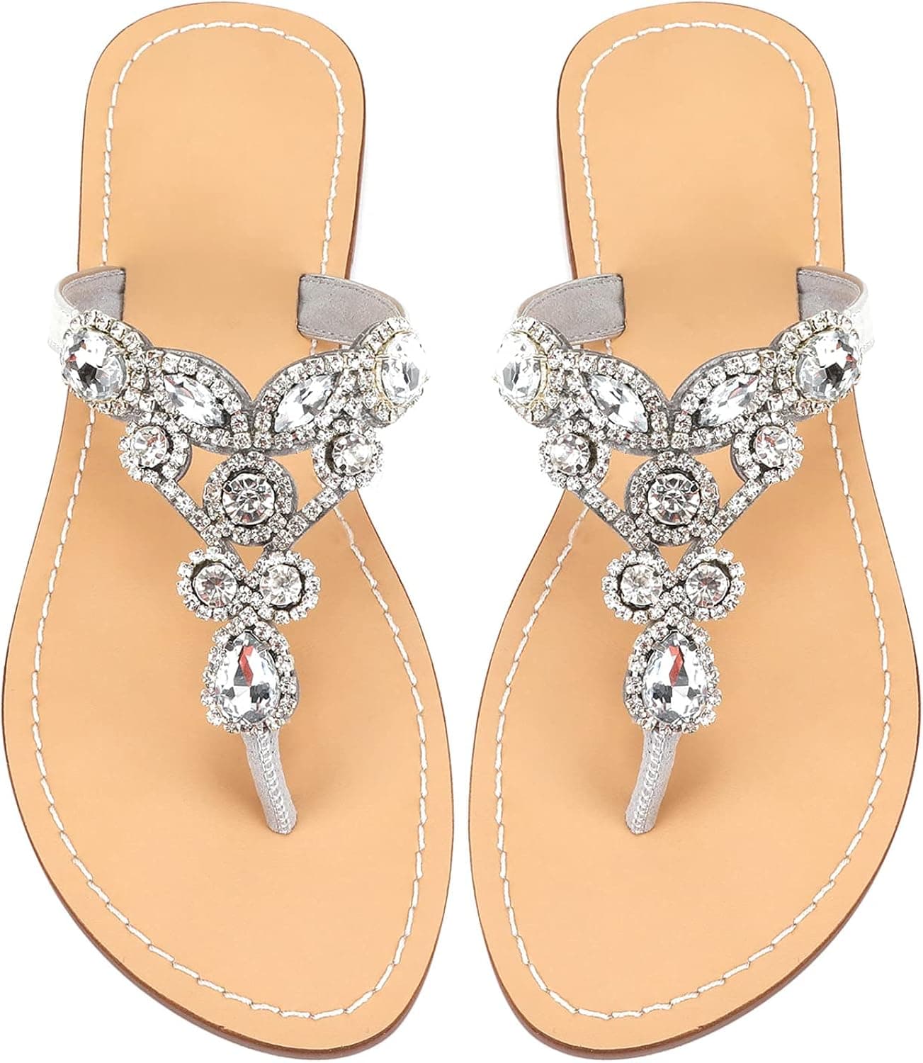 AIJIVOU Women's Rhinestone Flat Sandals, Women Flip Flops with Clip Toe RingBeadeed Rhinestone Crystal Jeweled Sandal Shoes for Summer Beach Oceanside Holiday Outdoor